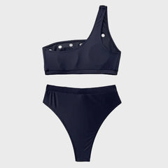 2025 New Hole Swimsuit for Women,solid Color Black Bikini,high Waist Swimwear,single Shoulder Backless Bathing Suit,summer