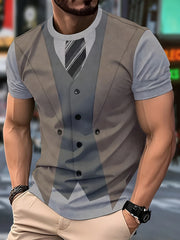 Men's Casual Suit Tie Print T-Shirt Tops Short Sleeve Crew Neck Men's Round Neck T-shirts New In Mens Cosplay Party Tee Shirts