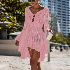 Summer Women Bikini Cover Up Hollow Out Knitted Flared Sleeves Swimwear Cover Up Solid Color Drawstring Beach Dress For Vacation