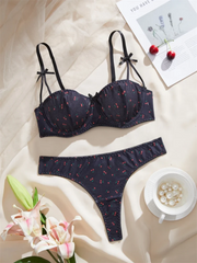 Lingerie Cute Cherry Print Bra Panty Sets Girl Beautiful Bow Sexy Lingerie Three-Point Underwear Intimate Sexy Female Lingerie