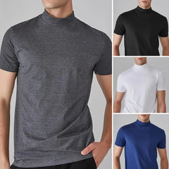 Men Half High Collar Slim Fit T-shirt Summer Casual Short Sleeve Solid Color Elastic Thin Pullover Tee Shirt Half Turtleneck Top
