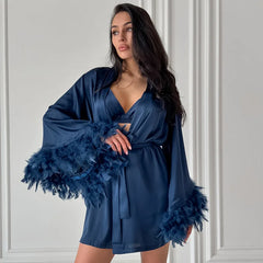 New Underwear Shorts Nightgown Three-piece Set Imitation Silk Home Clothes Spring Satin Feather Pajamas Women