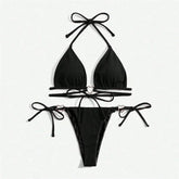 Sexy Swimsuit Women Black Halter String Triangle Micro Bikini Thong Heart Ring Ribbed Swimwear Bathing Suit Bikinis Sets 2025