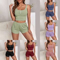 Damen 2-teiliges Pyjama-Set: Shorts, Anzug, Knopfleiste, gerippte Unterwäsche, sexy Dessous, Camisoles, Tanktops, Nachthemd, Loungewear, Homewear