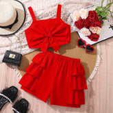 kids Clothing Sets For Girls Red Sleeveless Square Collar Ruffled Bowknot Elastic-Waist 8-12 Years Summer Fashion Sweet Style