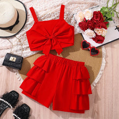 kids Clothing Sets For Girls Red Sleeveless Square Collar Ruffled Bowknot Elastic-Waist 8-12 Years Summer Fashion Sweet Style