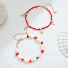 Salircon 2 יח'\סט בוהמי כוכב ים קונכייה אורז חרוזים צמיד קרסול שרשרת נשים 2024 טרנדי חוף צמידי קרסול ליידי תכשיטי אבזרים