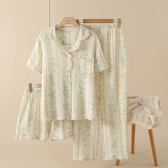 Women's Underwear Set Pure Cotton Summer Home Wear 3 Pieces Short Sleeve Sleepwear Women's Pajamas Female 2025 Lingerie