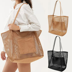 Beach Nylon Mesh Tote Bag, Casual Tote Bag Women Foldable Shoulder Bag For Beach Picnic Vacation