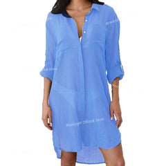 Beach Cover Up Women Bikini Pocket Swimsuit Cover Up Hollow Out T-shirt White Bathing Suit Cover-Ups Tunics Beachwear Robe