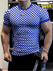 Sportliches Herren-T-Shirt fürs Fitnessstudio, Muskeltraining, Kurzarm, schnelltrocknend, mit Karomuster, Oversize-Schnitt, Herrenbekleidung