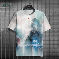 Fashionable men's T-shirt with ink painting print short sleeved T-shirt oversized casual top summer men's daily outdoor clothing