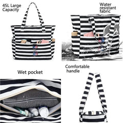 Beach Tote Bag Women Foldable Travel Bag with Anti-Sand Pocket Lightweight Storage Bag for Gym/Shopping Packable in Carry-On