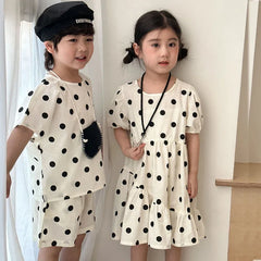 Trendy Children's Summer Clothing Boy's Casual Polka Dot T-shirt Set Girl's Sweet Dress Sibling Outfits Kid's Tee & Shorts Suit