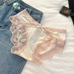 French Sexy Lace Satin Underwear for Women Low Waist Thin Mesh Hollow Out Bow Panties Sweet Girl Breathable Cotton Crotch Briefs