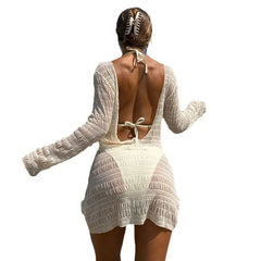 2025 New Beach Wear Long Sleeved Sexy Backless Bikini Cover Up Three Piece Set with Bikini Swimsuit