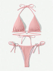 Sexy Swimsuit Women Black Halter String Triangle Micro Bikini Thong Heart Ring Ribbed Swimwear Bathing Suit Bikinis Sets 2025