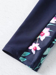 Tropical Print Patchwork 2 Piece Swimsuits, Long Raglan Sleeve Zip Up Swim Top & Shorts Water Sports Swimsuit Women Swimwear