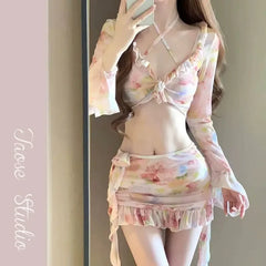 Sexy Floral Print Split Bikini Set Women 4pcs/set Hollow Push up Swimsuit Beach Bathing Suit Fashion Holiday Hot Spring Swimwear