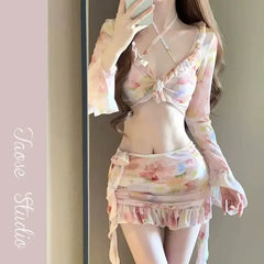 Sexy Floral Print Split Bikini Set Women 4pcs/set Hollow Push up Swimsuit Beach Bathing Suit Fashion Holiday Hot Spring Swimwear