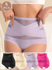 4 pairs of high-waisted women's underwear - Abdominal compression breathable mesh underwear, elegant solid color underwear