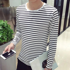 Striped T-shirt Men Long Sleeve Pullover Trendy Black White Striped Tops for Men Harajuku Casual Base Shirt Undershirt