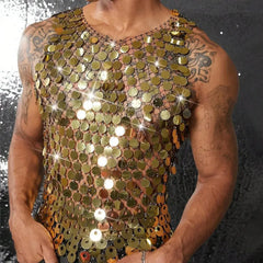 Sparkling Diamond Cut-Out See-Through Vest For Men - New Summer Style Sexy Nightclub Party Fishnet Beaded Outerwear Top
