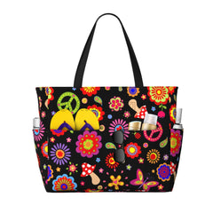 Hippie Flowers Large Beach Tote Bag Women Waterproof Sandproof Zipper Beach Tote Bags for Pool Gym Grocery Travel