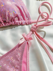 Glänzender pinkfarbener Bikini, extrem trägerloser rückenfreier Badeanzug mit Push-up-Effekt, Kawaii-Schleife, Urlaubsbademode, Damen-Mikro-Tangas, Strandbadeanzug