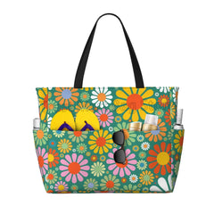 Hippie Flowers Large Beach Tote Bag Women Waterproof Sandproof Zipper Beach Tote Bags for Pool Gym Grocery Travel