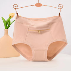 Women Underwear Anti-theft Zipper Pocket High Waist Stretch Breathable Cotton Middle-aged Mom Grandma Brief Panties Underpants