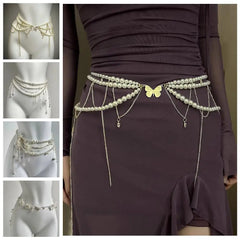 Modischer Y2K-Retro-Taillengürtel mit mehrlagiger Perlenkette für Damen – Stilvoller Körperschmuck für Partys und Freizeit