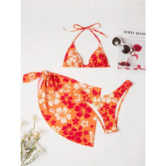 Floral Pattern Micro Bikini Swimsuit Women Sexy Lace Up Triangle Bikini Set Skirt Cover Up Summer 2025 New Beach Bikinis 3 Piece