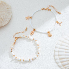 Salircon 2 יח'\סט בוהמי כוכב ים קונכייה אורז חרוזים צמיד קרסול שרשרת נשים 2024 טרנדי חוף צמידי קרסול ליידי תכשיטי אבזרים