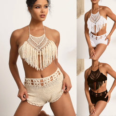 Handgehäkeltes Strandbikini-Set für Damen, kurze Badebekleidung, sexy Quasten