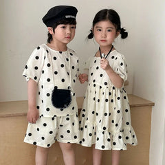 Trendy Children's Summer Clothing Boy's Casual Polka Dot T-shirt Set Girl's Sweet Dress Sibling Outfits Kid's Tee & Shorts Suit