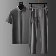 Men Sets Turn Down Collar Shirts Short Sleeve T Shirts Knee Length Straight Pants Two Pieces Loose Fit Summer Solid Casual