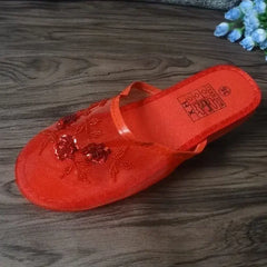 Women Indoor Slippers Sequin Flat Shoes Lady Summer Hollow Mesh Beach Slippers Flip Flops Casual Baotou Creative Flower Mesh