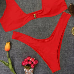 Sexy rückenfreies Bikini-Set für Damen, einfarbiger Bikini mit Schlitz, Push-up-Effekt, Sommer 2025, neue Strandurlaubs-Zweiteiler