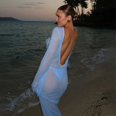 Sexy Beach Vacation Dress See Through Backless Knitted Cover Up Dress Female Two Wears Fashion Slim Knit Long Dress Lady