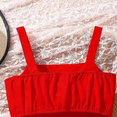 kids Clothing Sets For Girls Red Sleeveless Square Collar Ruffled Bowknot Elastic-Waist 8-12 Years Summer Fashion Sweet Style