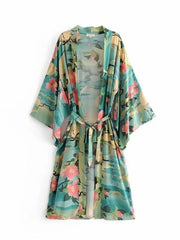 Bohemian Printed Bikini Cover-ups Green Tunic Long Kimono Cardigan Plus Size 2023 Women Beach Wear Swim Suit Cover Up A155