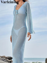 3D Flowers Long Sleeve V Neck Crochet Knitted Long Dresses Bikini Cover Up Cover-ups Beach Dress Backless Beachwear Women V6156