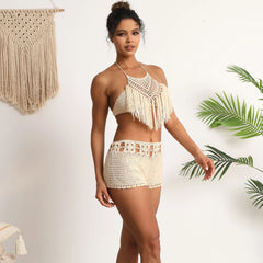 Handgehäkeltes Strandbikini-Set für Damen, kurze Badebekleidung, sexy Quasten