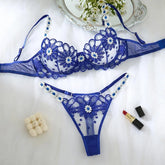 Fairy Sexy Lingerie Floral Embroidery Wire Bra Set Deep Blue Mesh Underwear Transparent Lingerie Honeymoon Intimate Lingerie Set