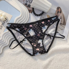 Niedliche Unterwäsche mit Katzenprint für Damen, niedrige Taille, Spitze, Schleife, atmungsaktiv, nahtloser Baumwollzwickel, Dessous