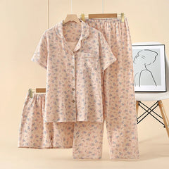 Women's Underwear Set Pure Cotton Summer Home Wear 3 Pieces Short Sleeve Sleepwear Women's Pajamas Female 2025 Lingerie