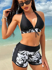 Circyy Badeanzug Damen Strandbekleidung Bikini-Set mit Schnürung am Halsausschnitt, hochgeschnittene bedruckte Badeshorts Sommer 2025 Neu