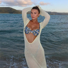 Sexy Beach Vacation Dress See Through Backless Knitted Cover Up Dress Female Two Wears Fashion Slim Knit Long Dress Lady
