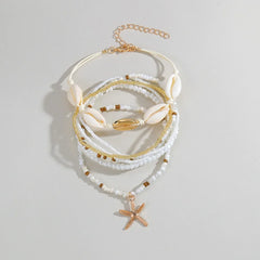 Boho Muschel-Seestern-Fußkettchen-Sets für Damen, Reisperlenkette, elastisches Seil, Strand-Sommer-Fußaccessoires-Armband